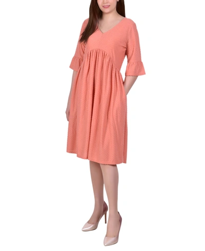 Ny Collection Petite Elbow Sleeve Swiss Dot Empire Dress In Orange