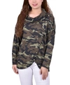 Ny Collection Women's Long Sleeve Knit Cowl Neck With Crossover Styling Top In Green Camo