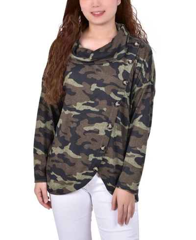 Ny Collection Women's Long Sleeve Knit Cowl Neck With Crossover Styling Top In Green Camo