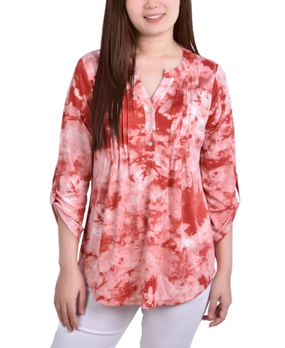 Ny Collection Petite Knit Jacquard 3/4 Sleeve Roll Tab Pintuck Top In Poppy Red Tiedye