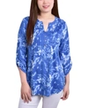 Ny Collection Petite Knit Jacquard 3/4 Sleeve Roll Tab Pintuck Top In Royal Blue Tiedye