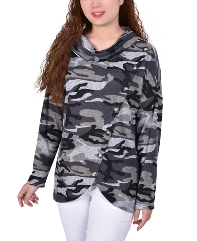 Ny Collection Women's Long Sleeve Knit Cowl Neck With Crossover Styling Top In Gray Camo