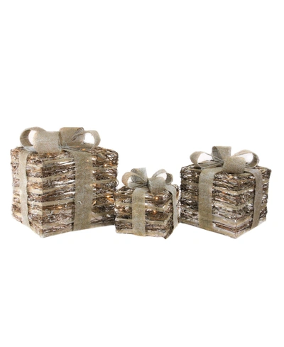 Northlight Set Of 3 Lighted Rattan Gift Boxes With Bows Christmas Decorations In Brown