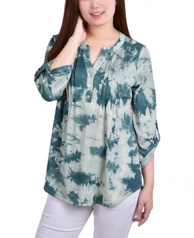 Ny Collection Petite Knit Jacquard 3/4 Sleeve Roll Tab Pintuck Top In Seafoam Tiedye