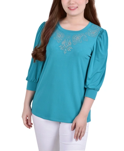 Ny Collection Petite Elbow Sleeve Crepe Studded Front Top In Green