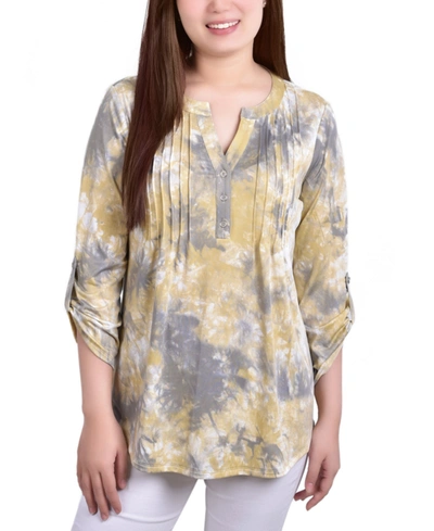 Ny Collection Petite Knit Jacquard 3/4 Sleeve Roll Tab Pintuck Top In Yellow Tiedye