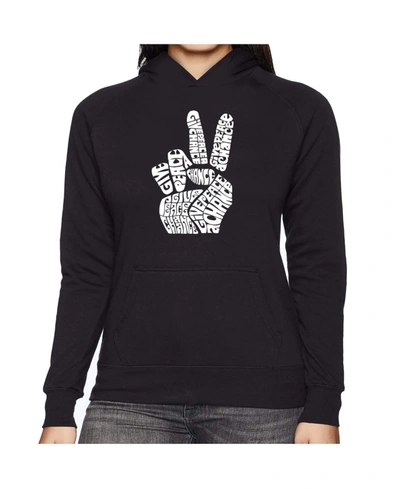 La Pop Art Women's Word Art Hooded Sweatshirt -peace Fingers In Purple