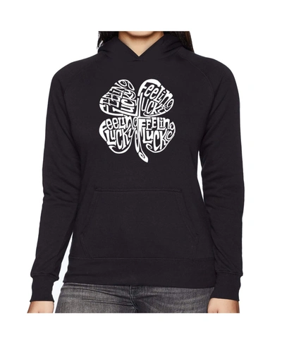 La Pop Art Women's Word Art Hooded Sweatshirt -feeling Lucky In Black