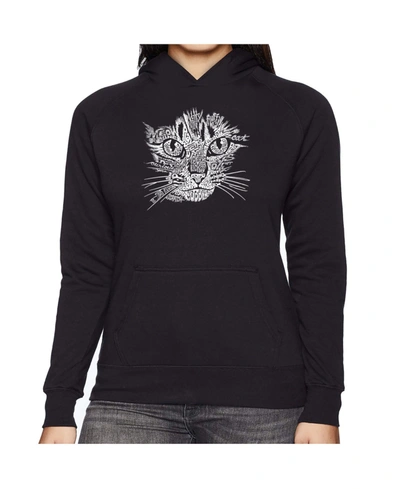 La Pop Art Women's Word Art Hooded Sweatshirt -cat Face In Black