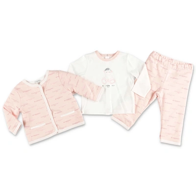 Givenchy Babies' Completo Rosa In Felpa Di Cotone Con Felpa T-shirt E Pantaloni
