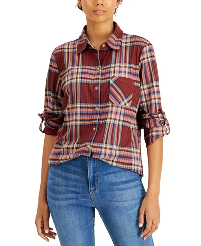 Just Polly Juniors' Cozy Plaid Collared Knit Shirt In Brown Plaid