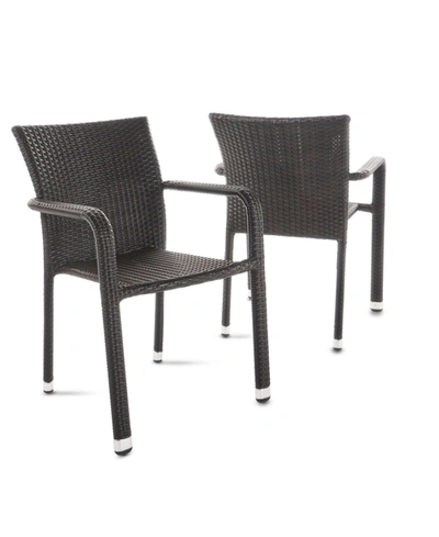 Noble House Dover Outdoor Armed Stack Chairs With Frame, Set Of 2 In Dark Brown