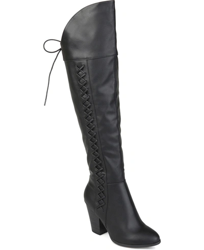 Journee Collection Women's Spritz Lace Up Over The Knee Boots In Black Leather