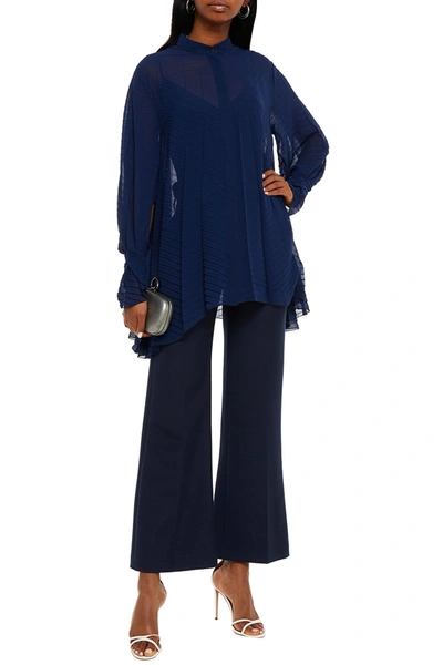 Roland Mouret Staten Asymmetric Cutout Pleated Georgette Shirt In Navy