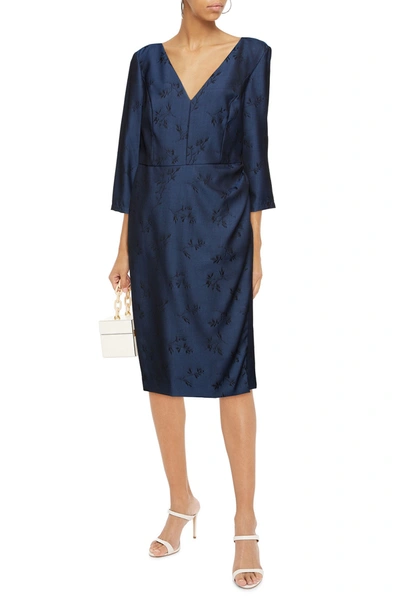 Carolina Herrera Wrap-effect Floral-print Wool-jacquard Midi Dress In Blue