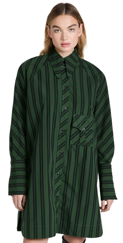 Ganni Oversized Striped Organic Cotton-poplin Mini Shirt Dress In Green