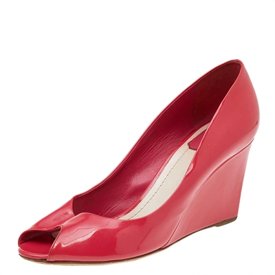Pre-owned Dior Pink Patent Leather Wedge Peep Toe Pumps Size 40.5