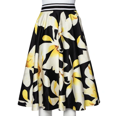 Pre-owned Alice And Olivia Black Magnolia Print Cotton Dianna Midi Skirt L