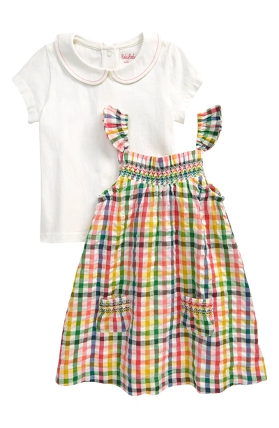 Mini Boden Babies' Pinnie Short Sleeve Shirt & Gingham Pinafore Dress Set In Party Pink Gingham