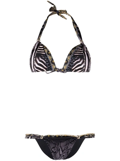 Camilla Animal-print Halterneck Bikini In 黑色