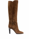 Saint Laurent Logo-plaque Suede Boots In Braun