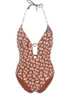 Tory Burch Foliage-print Tie-fastening Swimsuit In Brown
