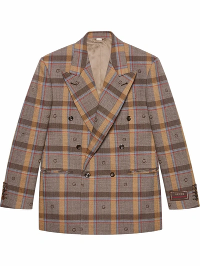 Gucci Double-breasted Logo-embroidered Checked Wool Suit Jacket In Brown