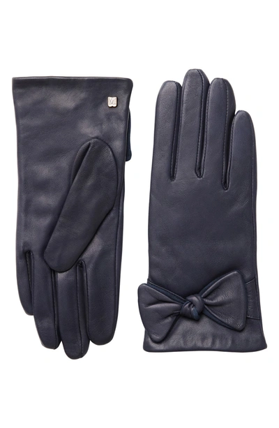 Bruno Magli Cashmere Lined Leather Bow Gloves In 410nvy