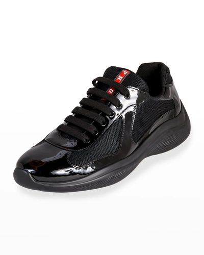 Prada Men's America's Cup Patent Leather Patchwork Trainers In Black
