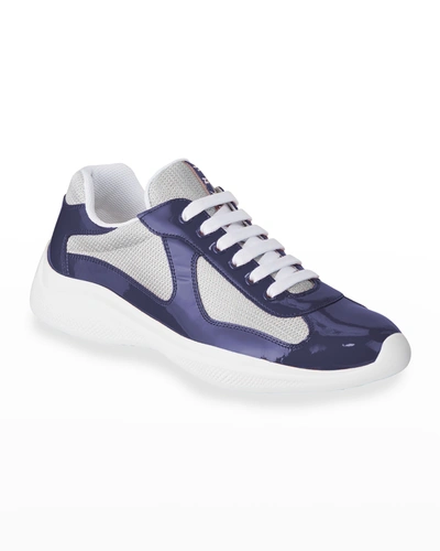 Prada Men's America's Cup Patent Leather Patchwork Trainers In Blue/silver
