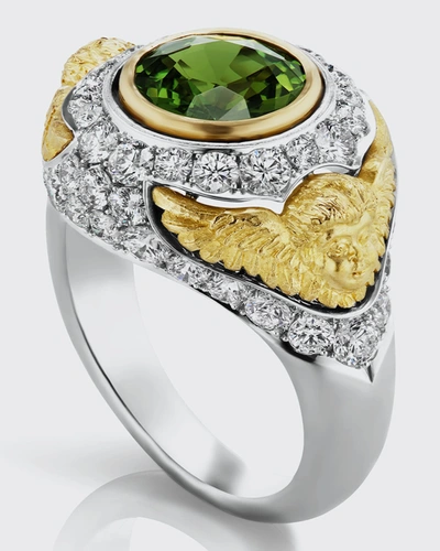 Anthony Lent Green Sapphire Pav&eacute; Putti Ring With Diamonds, Gold And Platinum In Yg