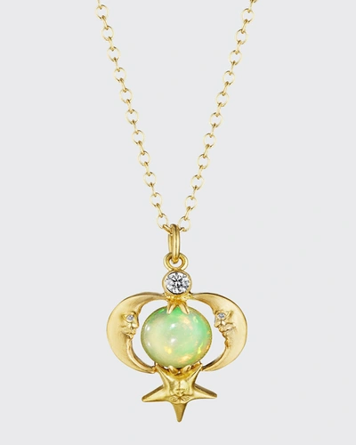 Anthony Lent Crescent Moonface Reflection Opal Pendant Necklace With Diamonds In Yg