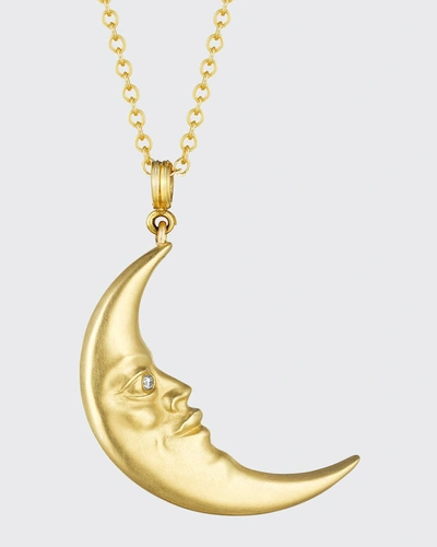 Anthony Lent Large Crescent Moon Face Pendant In 18k Gold And Diamonds In Yg