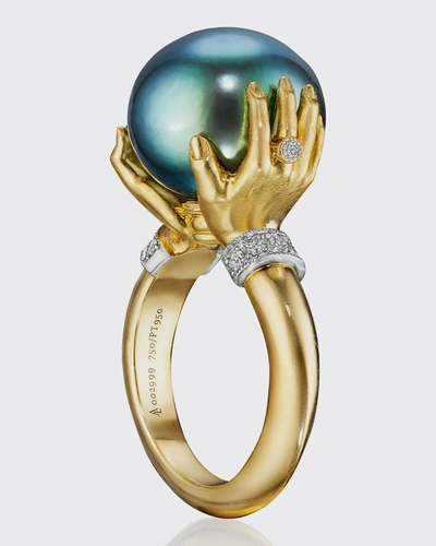 Anthony Lent Tahitian Pearl Adorned Hands Ring In 18k Yellow Gold In Yg
