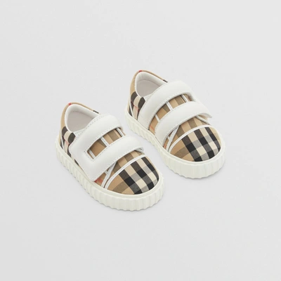 Burberry Childrens Vintage Check Cotton And Leather Sneakers In Archive Beige