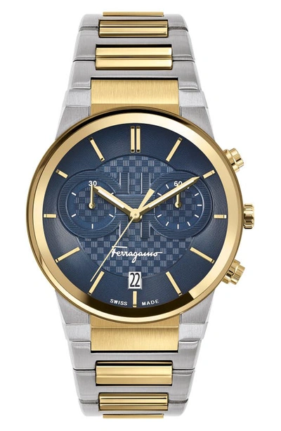 Ferragamo Men's 41mm Chronograph Bracelet Watch In Blue/two Tone