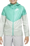 Nike Sportswear Kids' Windrunner Water Repellent Hooded Jacket In Roma Green/ Seafoam/ White