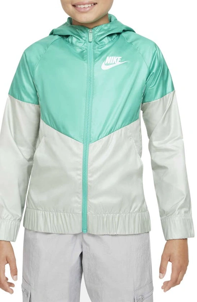 Nike Sportswear Kids' Windrunner Water Repellent Hooded Jacket In Roma Green/ Seafoam/ White