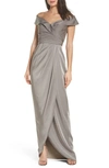 La Femme Surplice Off The Shoulder Column Gown In Pewter