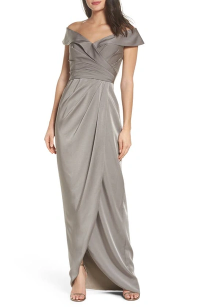 La Femme Surplice Off The Shoulder Column Gown In Pewter