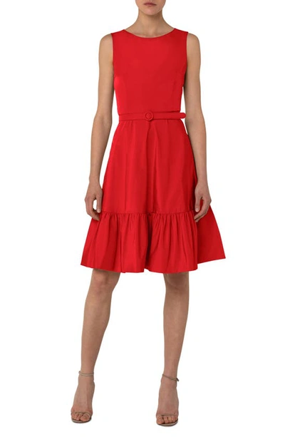 Akris Punto Belted Sleeveless Taffeta Fit & Flare Dress In Red