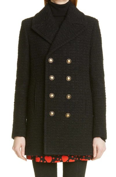 Saint Laurent Double Breasted Wool Blend Tweed Pea Coat In Nero Modesens