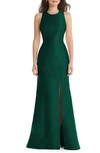 Alfred Sung Dessy Collection Jewel Neck Bowed Open-back Trumpet Dress With Front Slit In Hunter