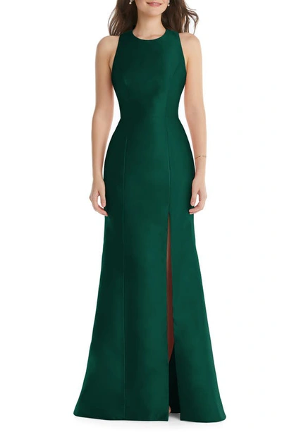 Alfred Sung Dessy Collection Jewel Neck Bowed Open-back Trumpet Dress With Front Slit In Hunter