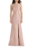Alfred Sung Dessy Collection Jewel Neck Bowed Open-back Trumpet Dress With Front Slit In Toasted Sugar
