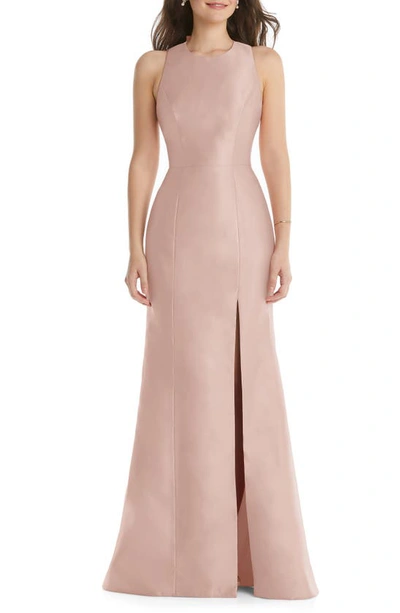 Alfred Sung Dessy Collection Jewel Neck Bowed Open-back Trumpet Dress With Front Slit In Pink