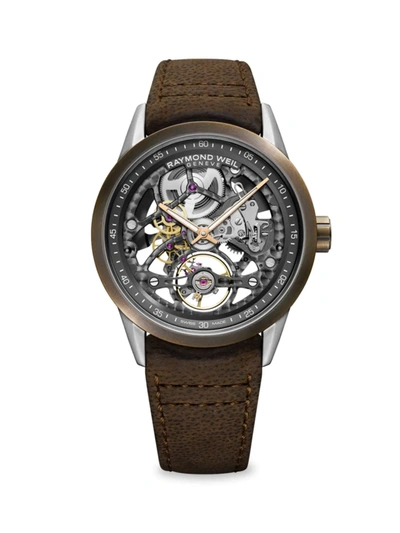 Raymond Weil Freelancer Skeleton Leather-strap Watch In Brown / Gold Tone / Grey / Yellow