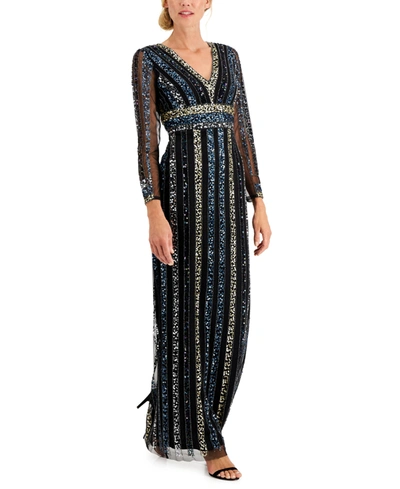 Adrianna Papell Embellished Column Gown In Black Multi