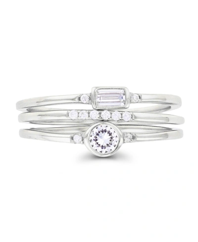 Macy's Cubic Zirconia Round And Baguette Faux Stacked Ring In Rhodium Plated Sterling Silver With Whit