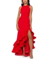 Betsy & Adam Petite Ruffled High-low Sleeveless Gown In Red